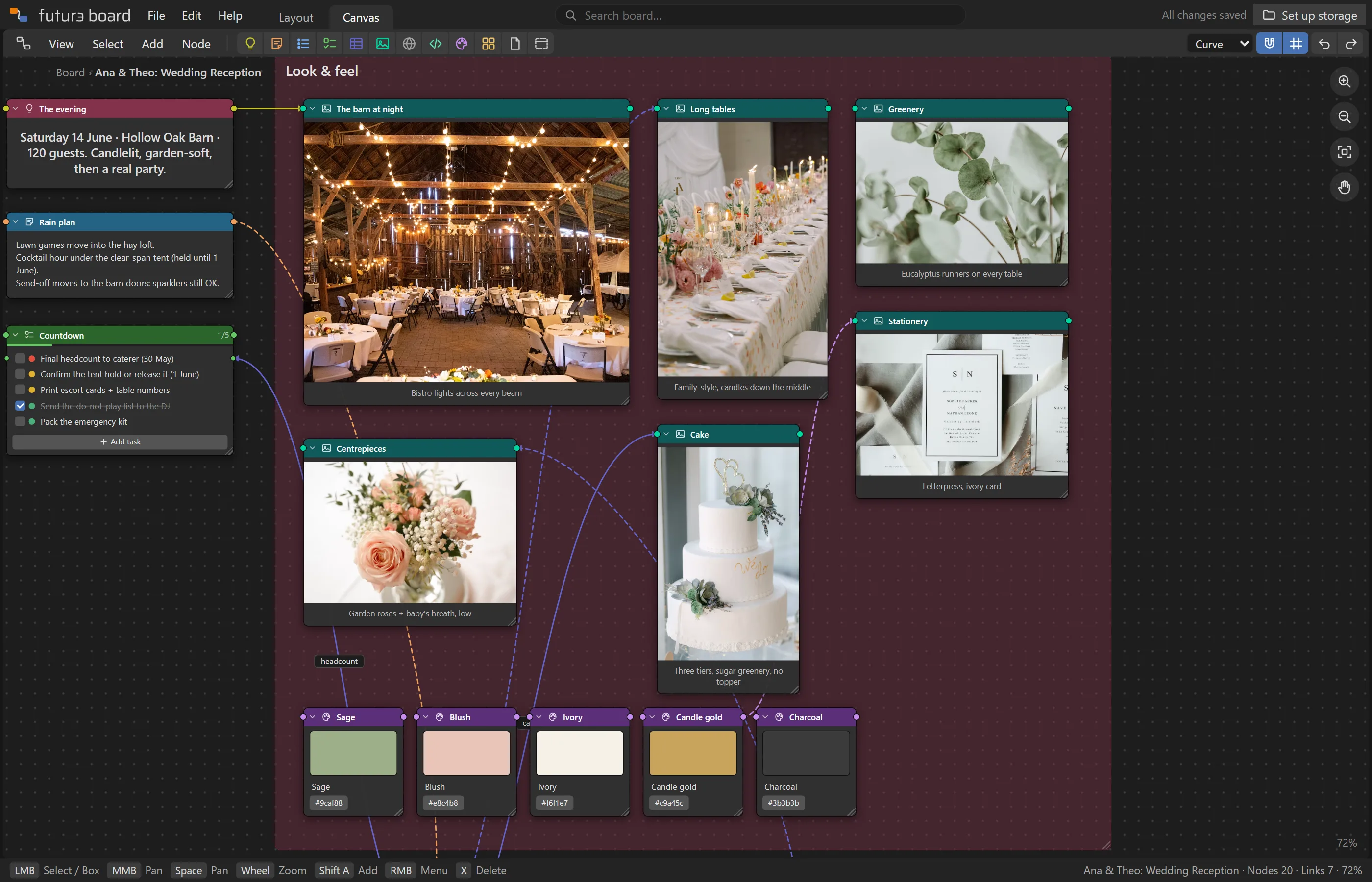 A wedding mood board with photos of the venue, tables, flowers and cake, and a colour palette